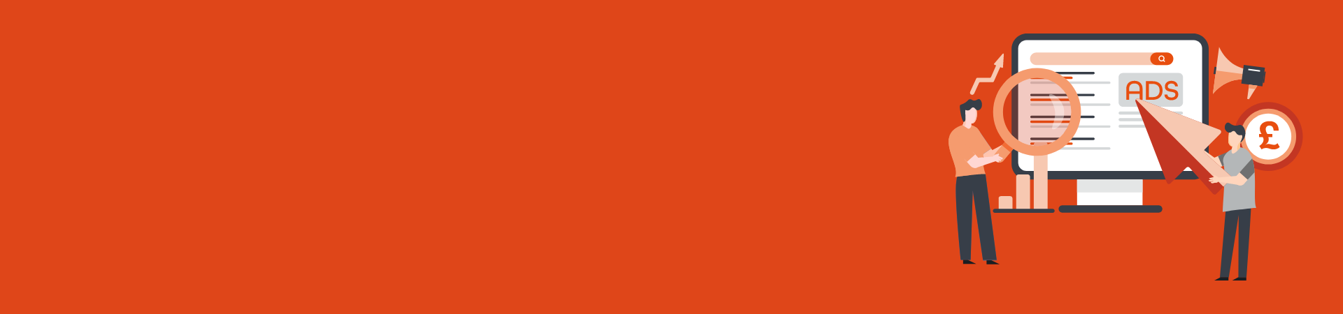 Graphic showing two people searching and clicking on an ad on a computer screen