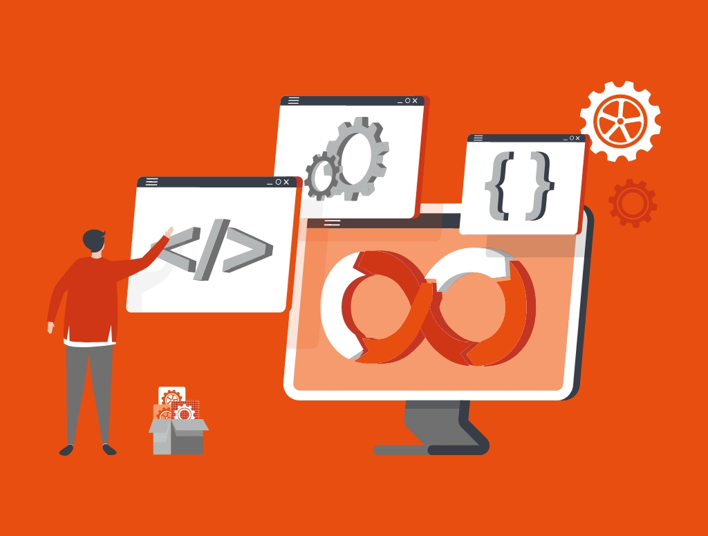 Graphic of a person working on HTML code