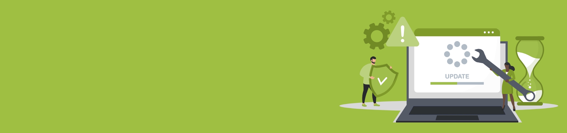 Graphic showing a web team working on a security update on a large laptop