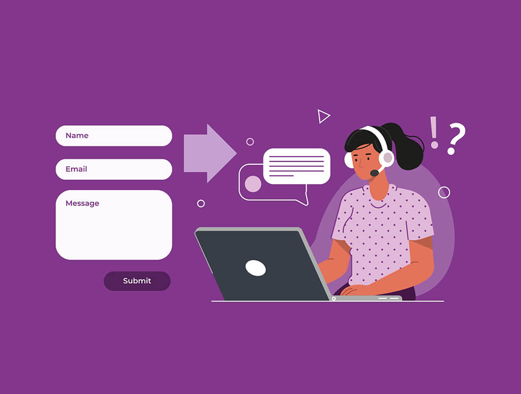 Graphic showing a website form next to a customer service agent