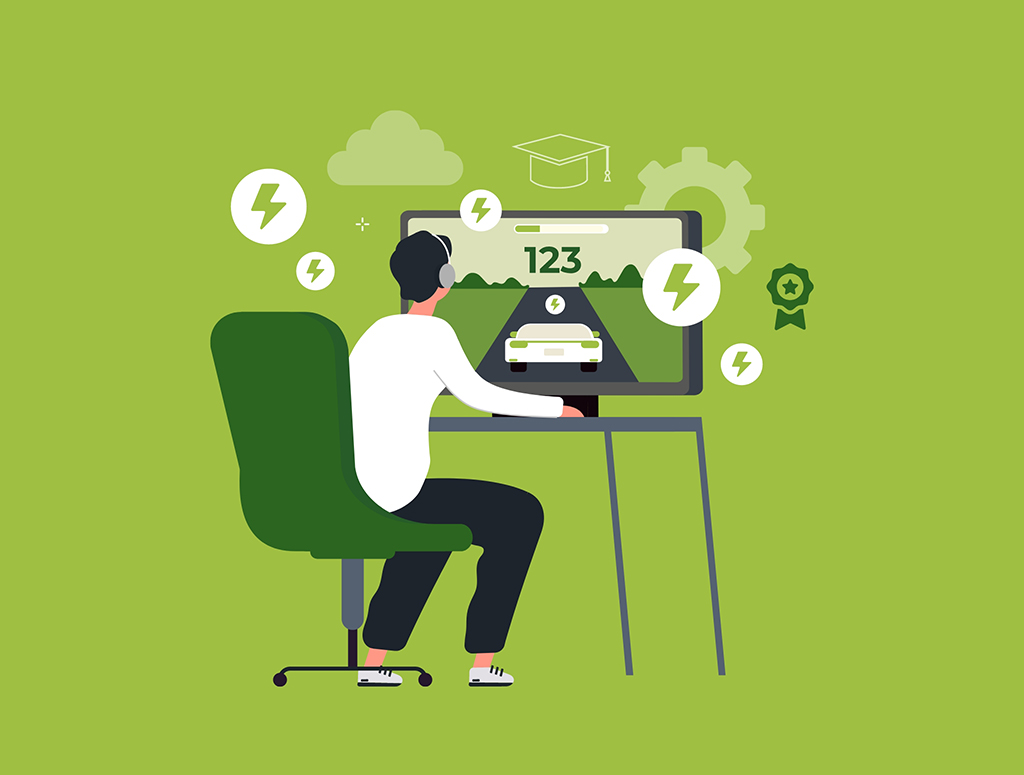 Graphic showing a student playing a computer game