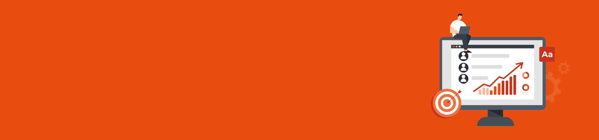 Graphic showing a man looking at a laptop, standing at a desk with charts displaying growth.