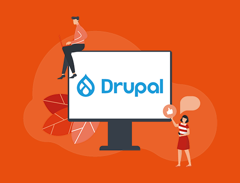 Graphic showing people next to the monitor that says “Drupal”