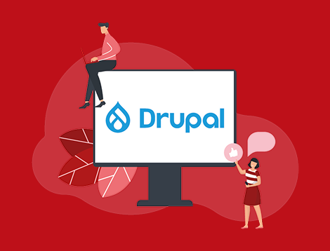Graphic showing people next to the monitor that says “Drupal”