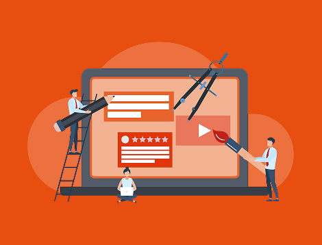 Graphic showing people creating a web page design