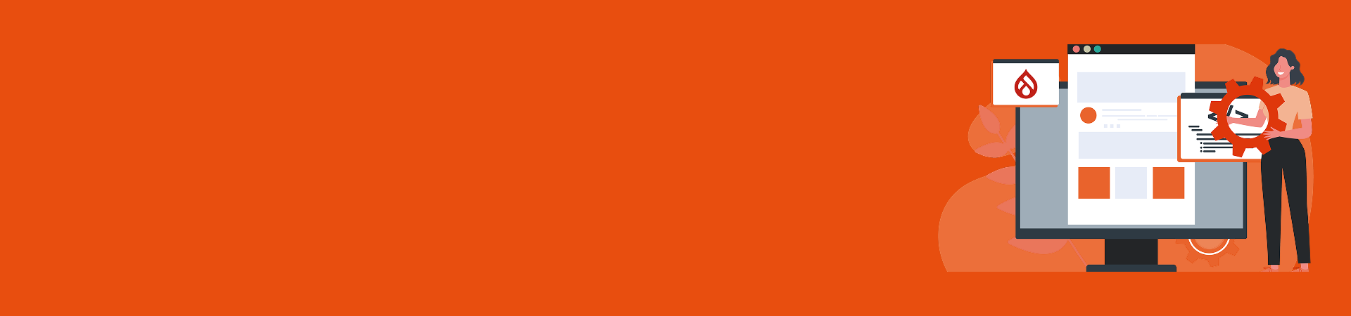 Graphic showing a woman standing beside a website built with Drupal