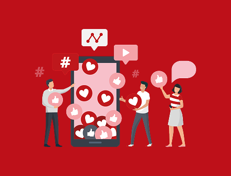 Graphic showing people looking at a phone filled with social media reactions