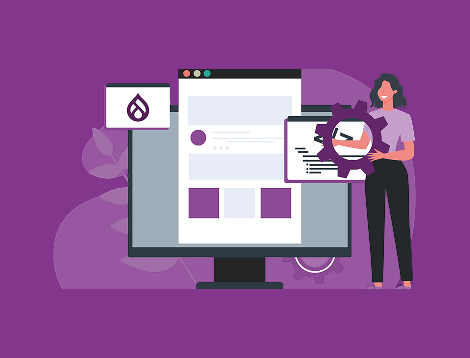 Graphic showing a woman standing beside a website built with Drupal